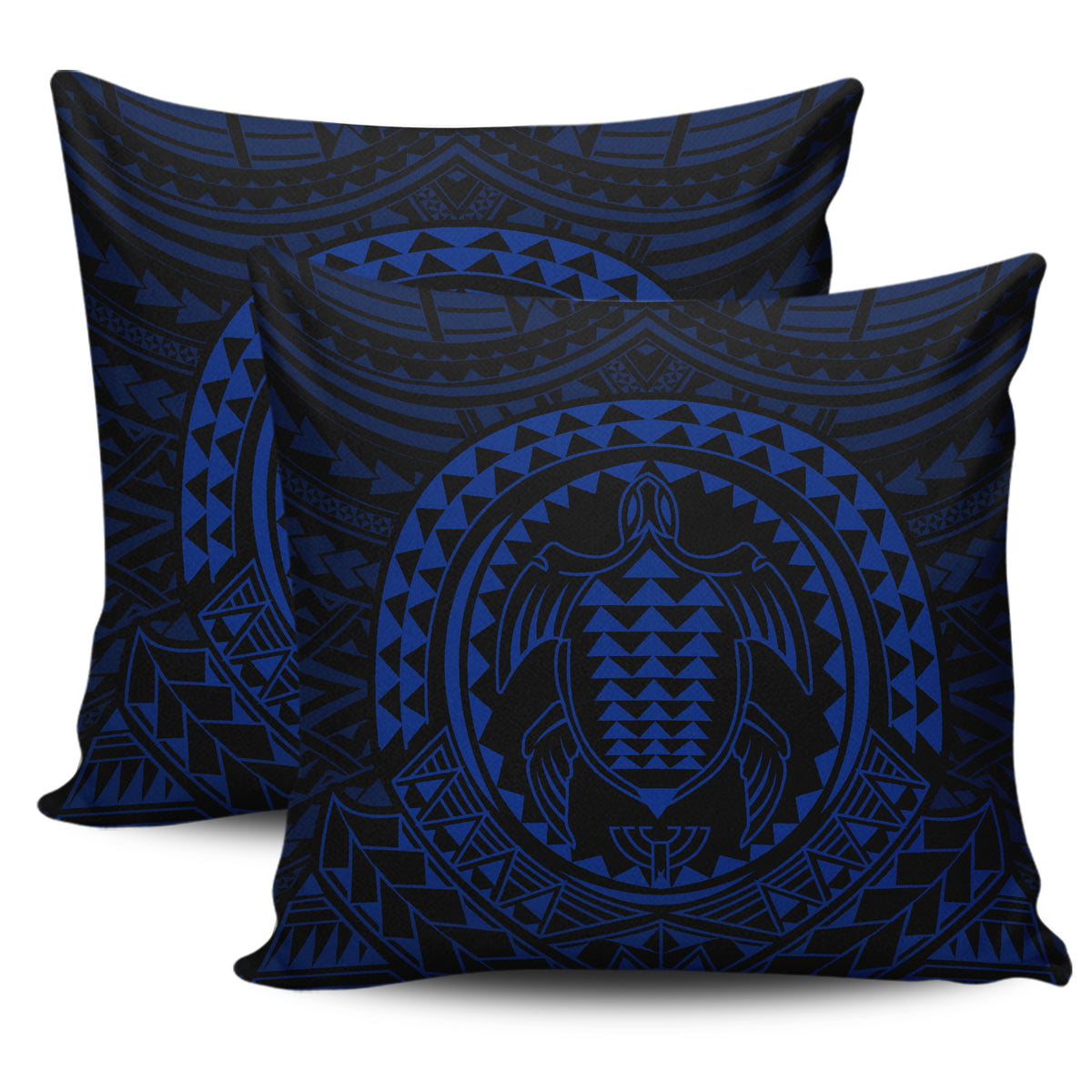 Hawaiian Kakau Honu Arc Blue Polynesian Pillow Covers One Size Zippered Pillow Cases 18"x 18" (Twin Sides) (Set of 2) Blue - Polynesian Pride