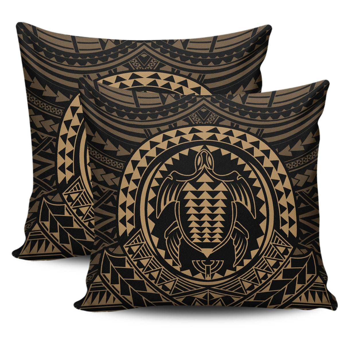 Hawaiian Kakau Honu Arc Gold Polynesian Pillow Covers One Size Zippered Pillow Cases 18"x 18" (Twin Sides) (Set of 2) Gold - Polynesian Pride