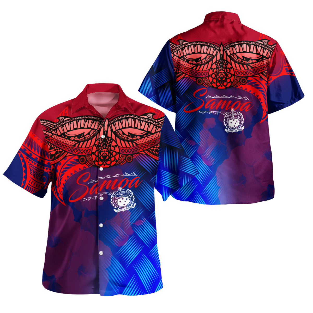 Samoa Polynesian Hawaiian Shirt - Samoa Coat Of Arms With Lauhala Tribal Pattern Blue - Polynesian Pride