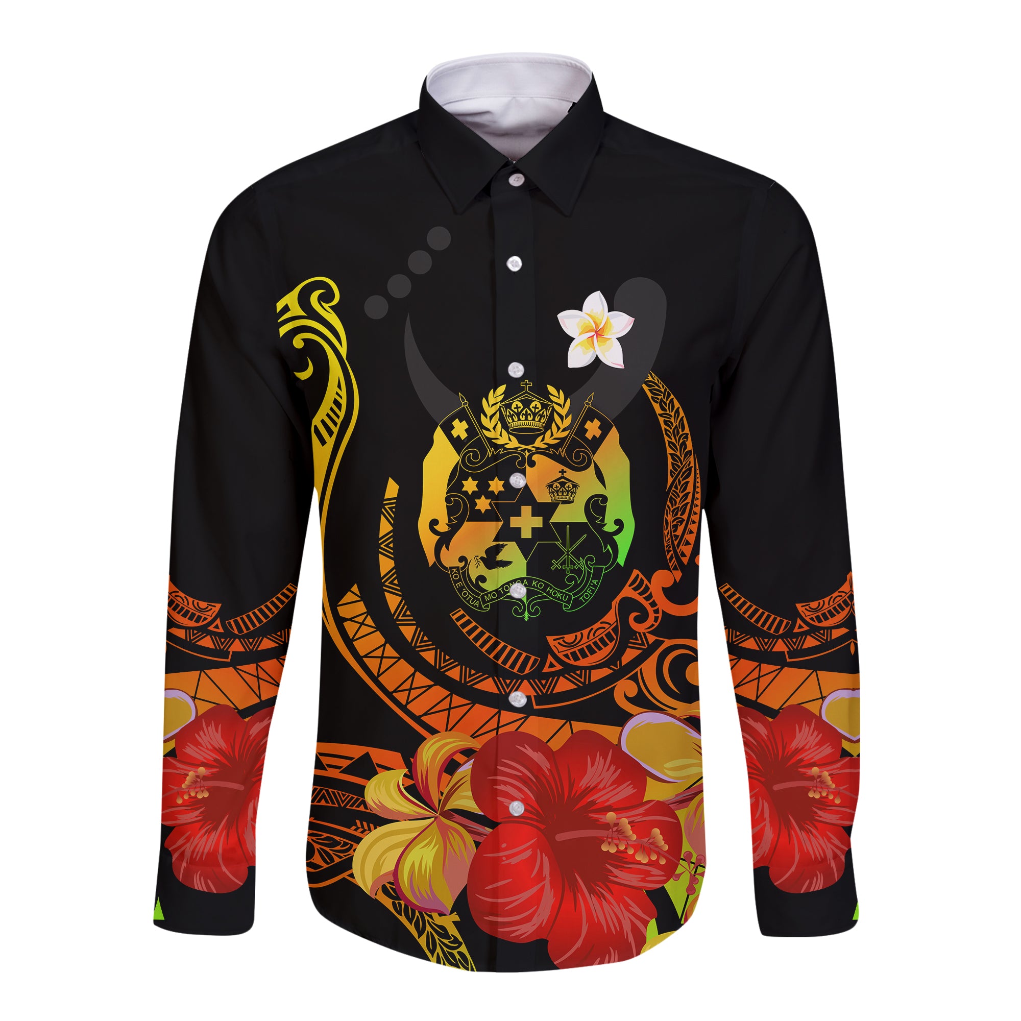 Tropical Flowers Tonga Coat Of Arms Polynesia Hawaii Long Sleeve Button Shirt LT13 Unisex Black - Polynesian Pride