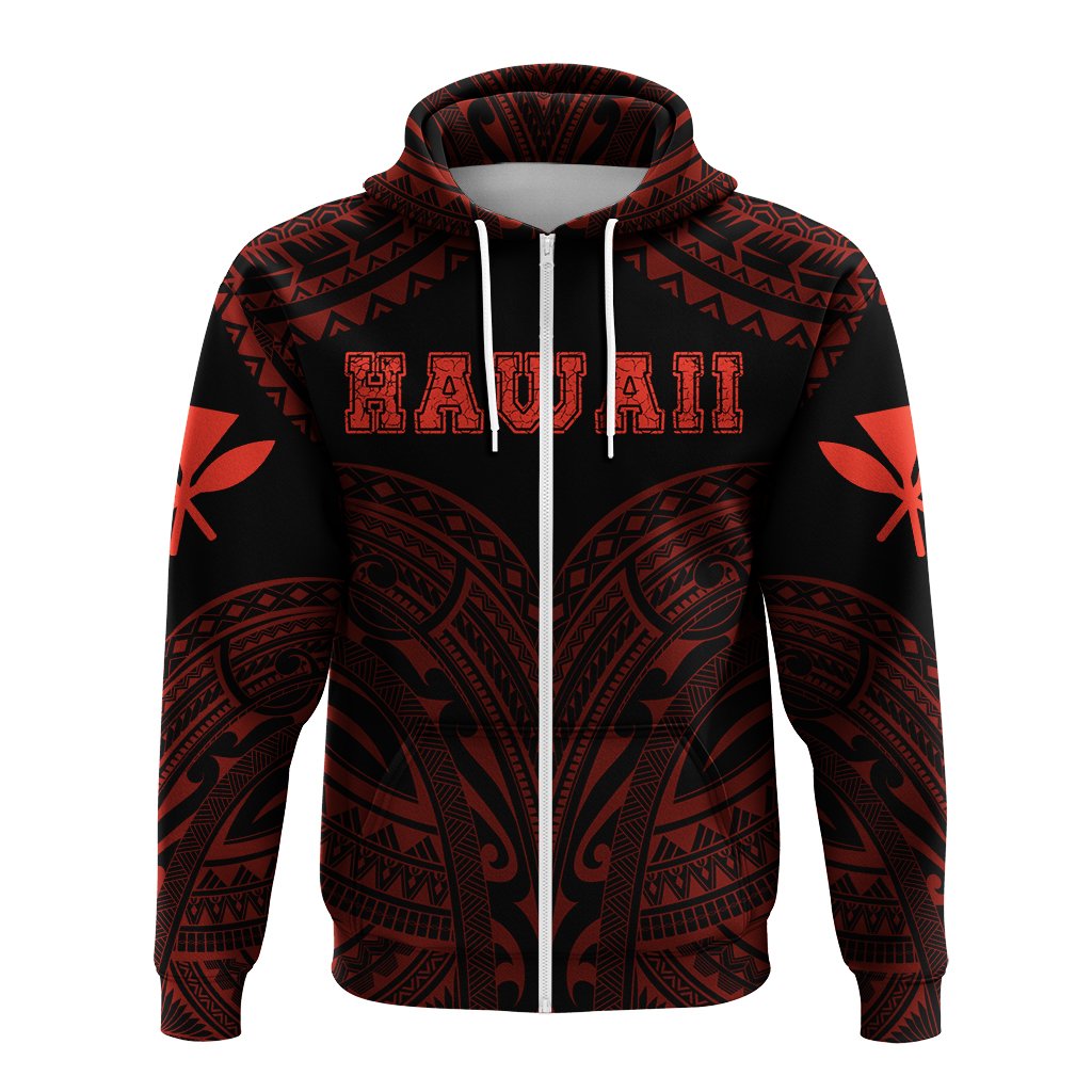 Hawaiian Kanaka Map Polynesian Hoodie Zip Red Brad Style - Polynesian Pride