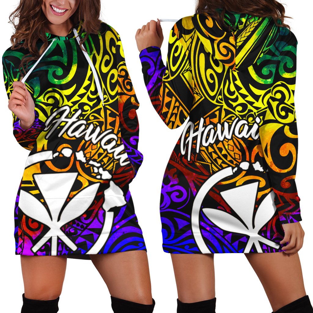 Hawaii Women Hoodie Dress - Rainbow Polynesian Pattern Rainbow - Polynesian Pride