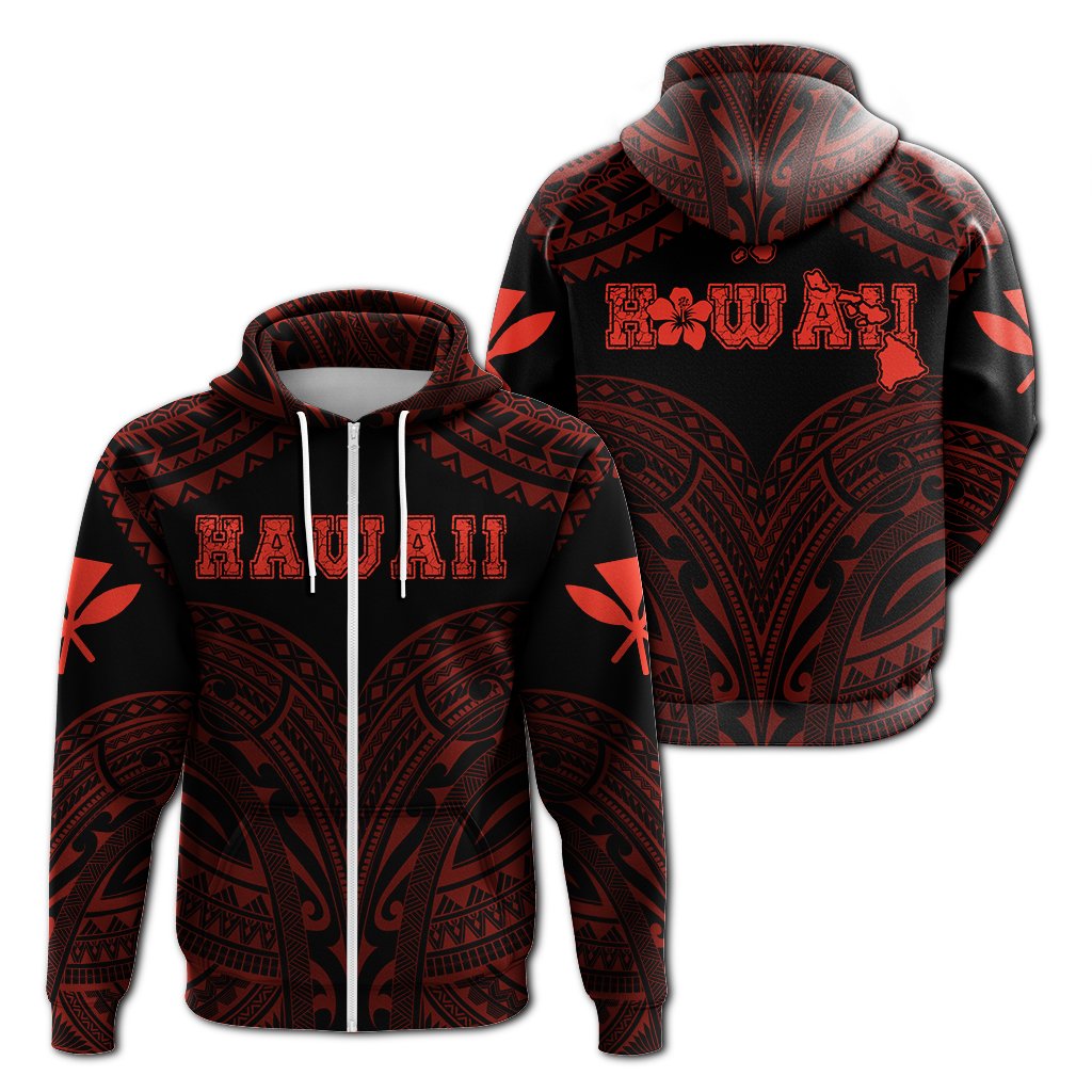 Hawaiian Kanaka Map Polynesian Hoodie Zip Red Brad Style Unisex Red - Polynesian Pride