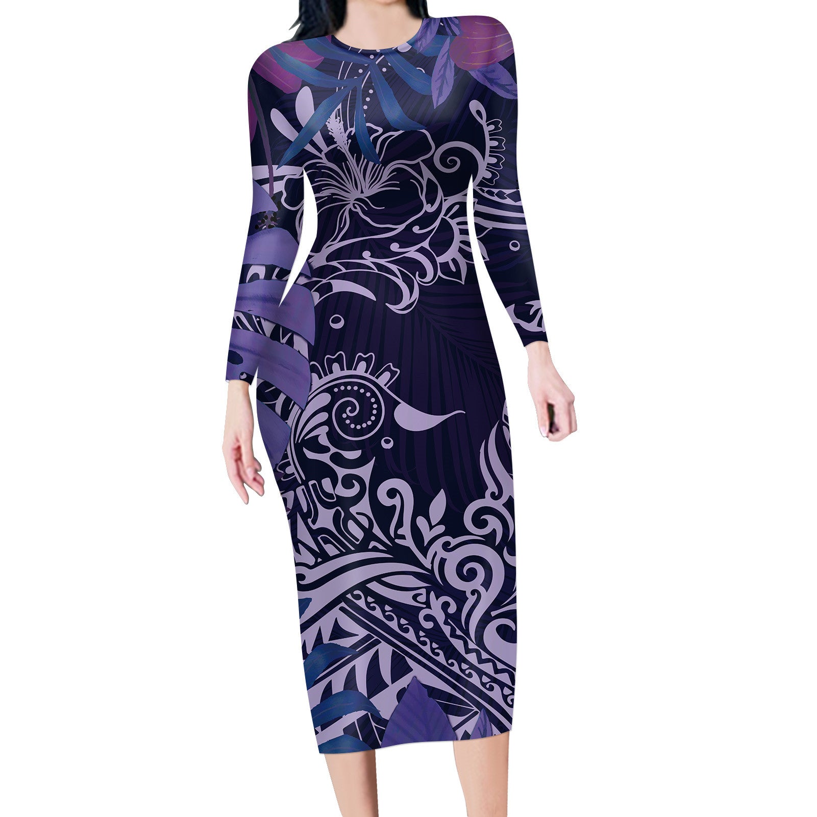 Polynesian Tribal Long Sleeve Dress Purple Long Dress Purple - Polynesian Pride