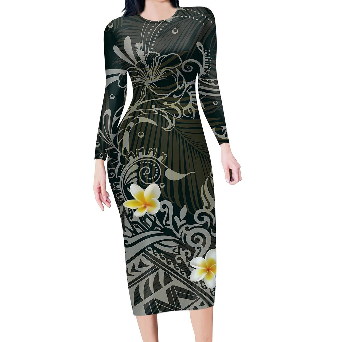 Plumeria Flower Polynesian Tribal Long Sleeve Dress Long Dress Black - Polynesian Pride