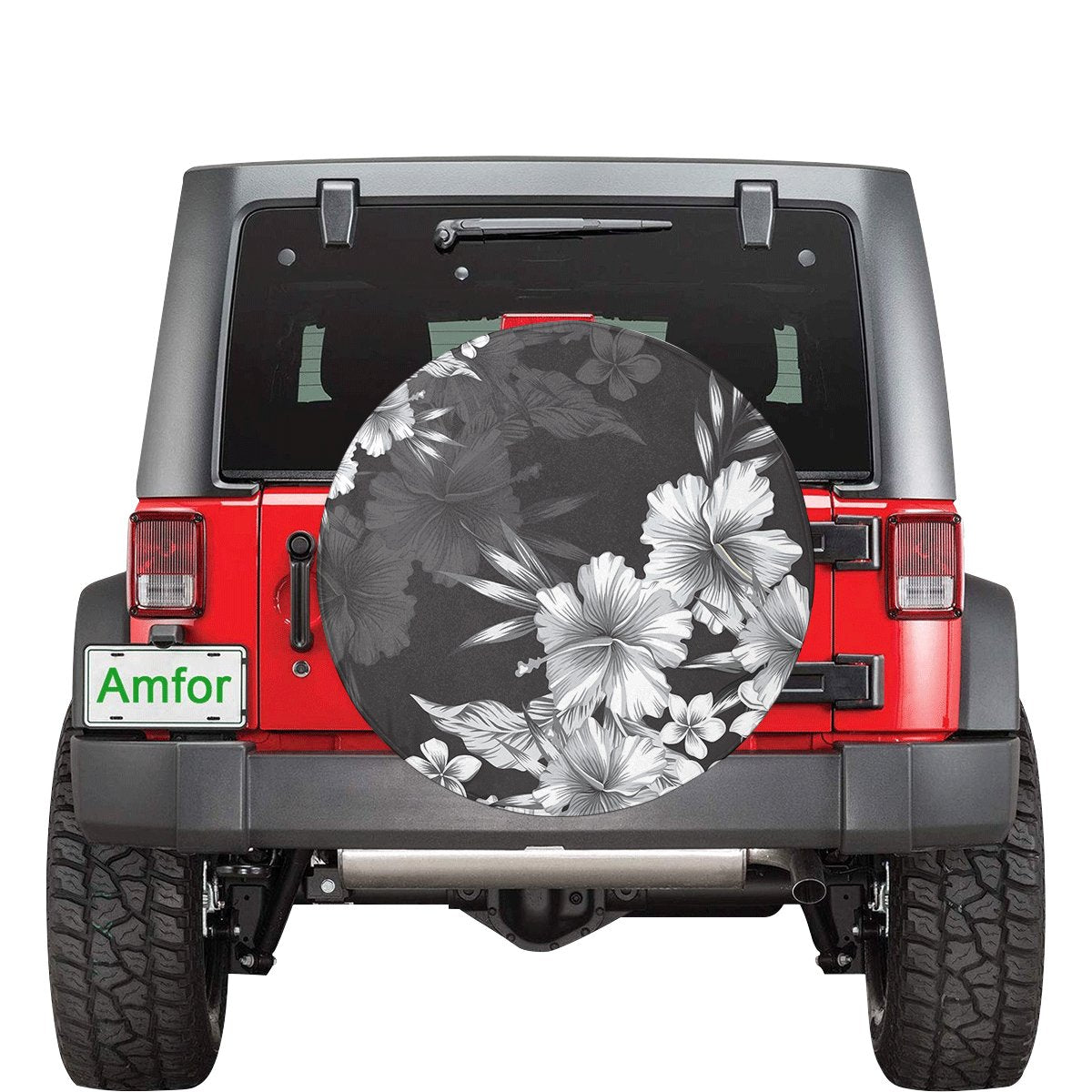 Hibiscus And Plumeria B&W Spare Tire Cover AH Black - Polynesian Pride