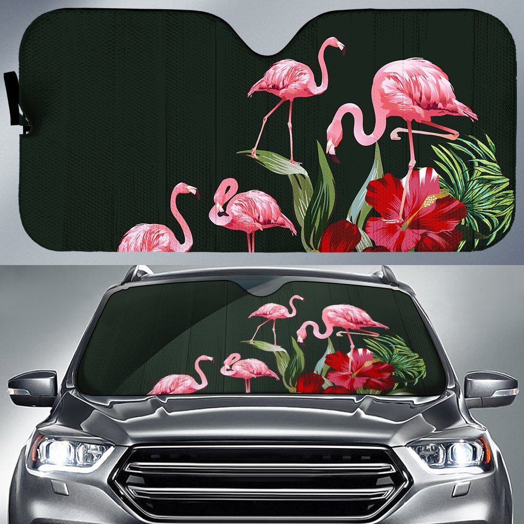 Hibiscus Flamingo Car Sun Shade AH Auto Sun Shade Universal Fit White - Polynesian Pride