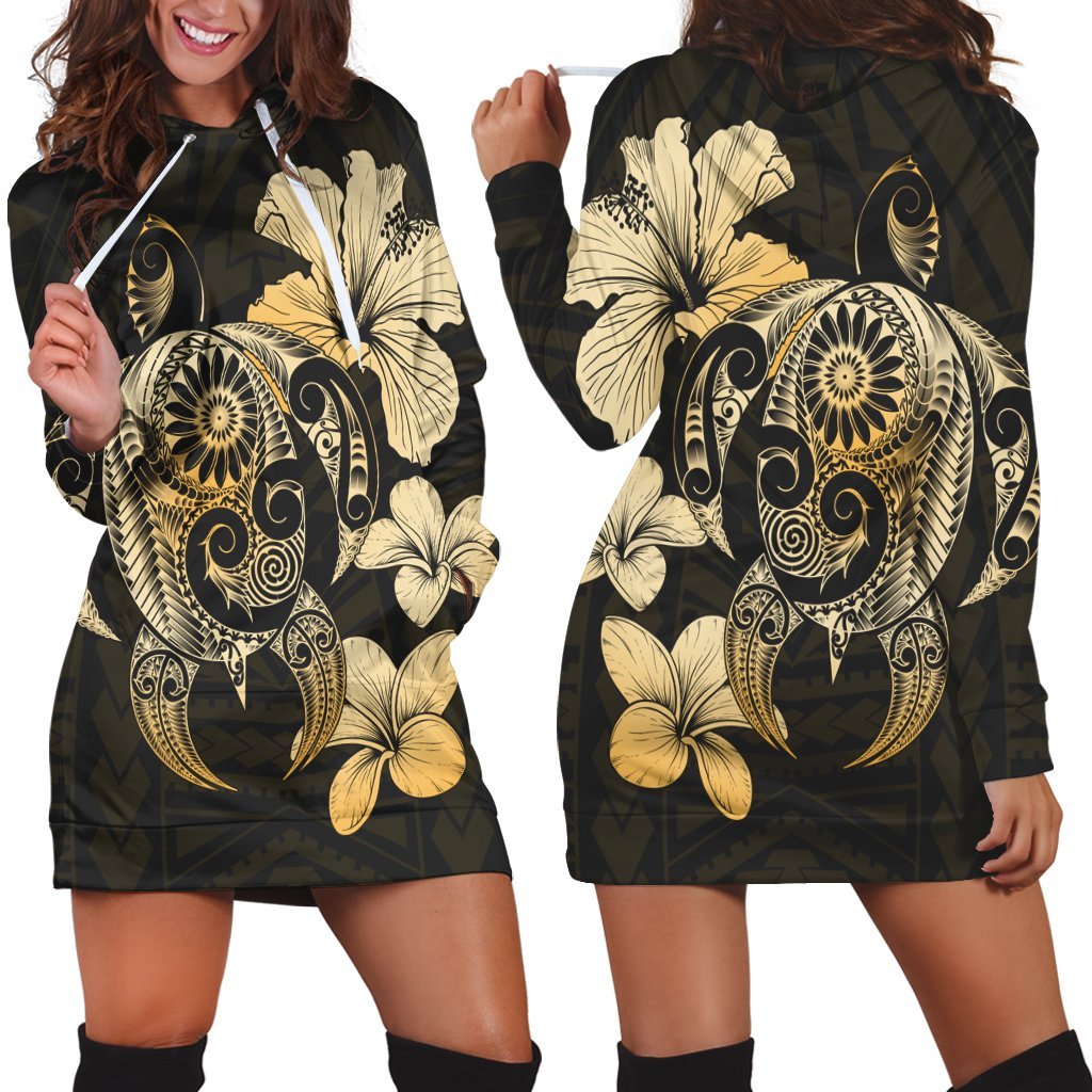 Hibiscus Plumeria Mix Polynesian Turtle Hoodie Dress - AH Black - Polynesian Pride