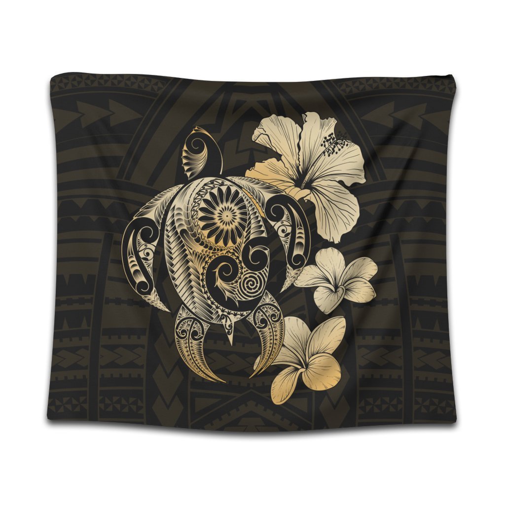 Hibiscus Plumeria Mix Polynesian Turtle Tapestry - AH Wall Tapestry Black - Polynesian Pride