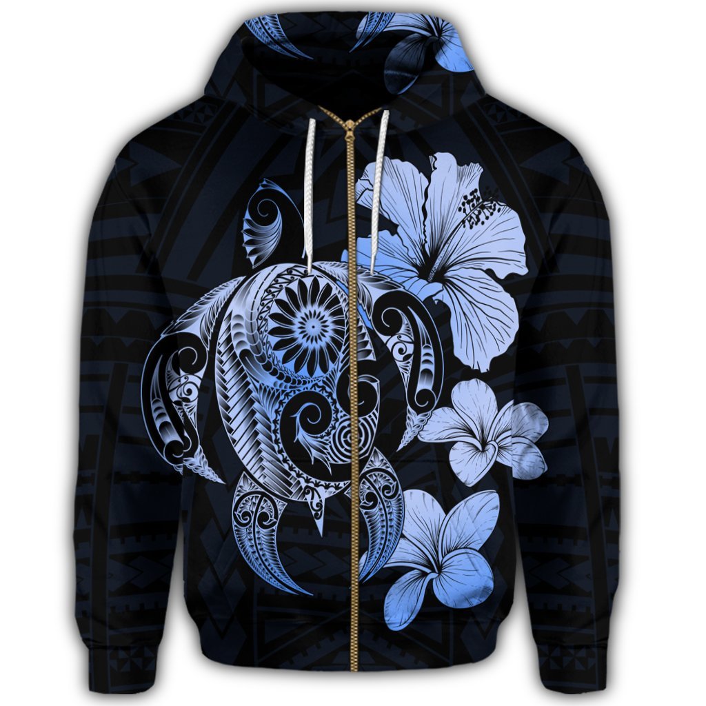 Hibiscus Plumeria Mix Polynesian Turtle Zip Hoodie Blue - Polynesian Pride