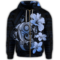 Hibiscus Plumeria Mix Polynesian Turtle Zip Hoodie Blue - Polynesian Pride