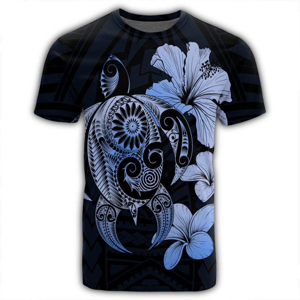 Hibiscus Plumeria Mix Polynesian Turtle T Shirt Blue AH - Polynesian Pride