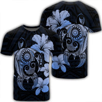 Hibiscus Plumeria Mix Polynesian Turtle T Shirt Blue AH Unisex Black - Polynesian Pride