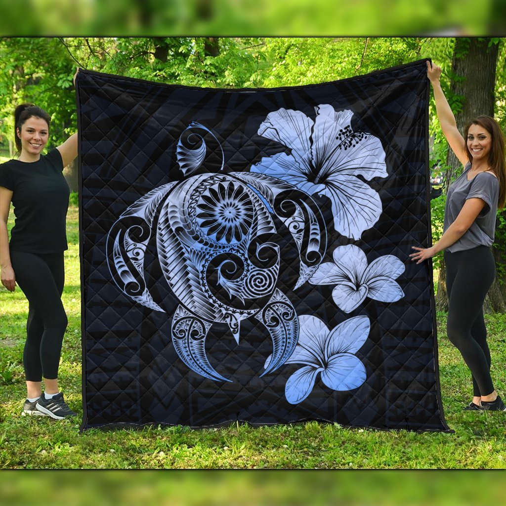 Hibiscus Plumeria Mix Polynesian Turtle Premium Quilts Blue - AH Black - Polynesian Pride