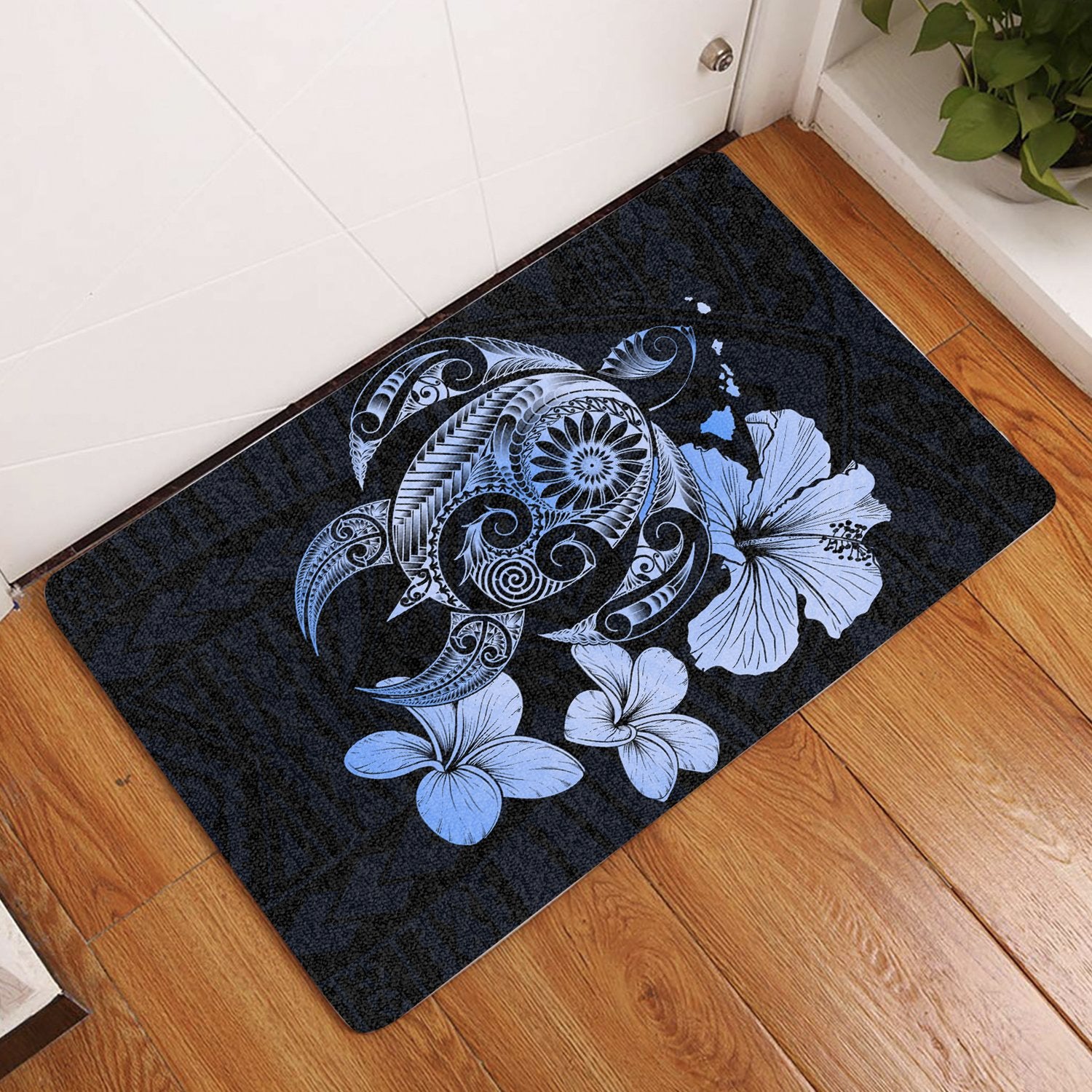 Hibiscus Plumeria Mix Polynesian Turtle Door Mat Blue AH Door Mat Blue - Polynesian Pride