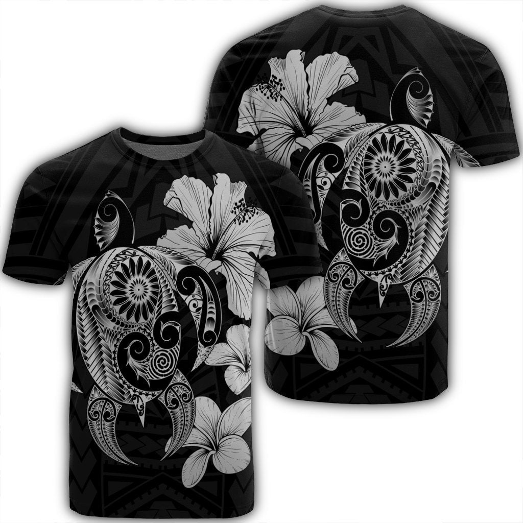 Hibiscus Plumeria Mix Polynesian Turtle T Shirt Gray AH Unisex Black - Polynesian Pride