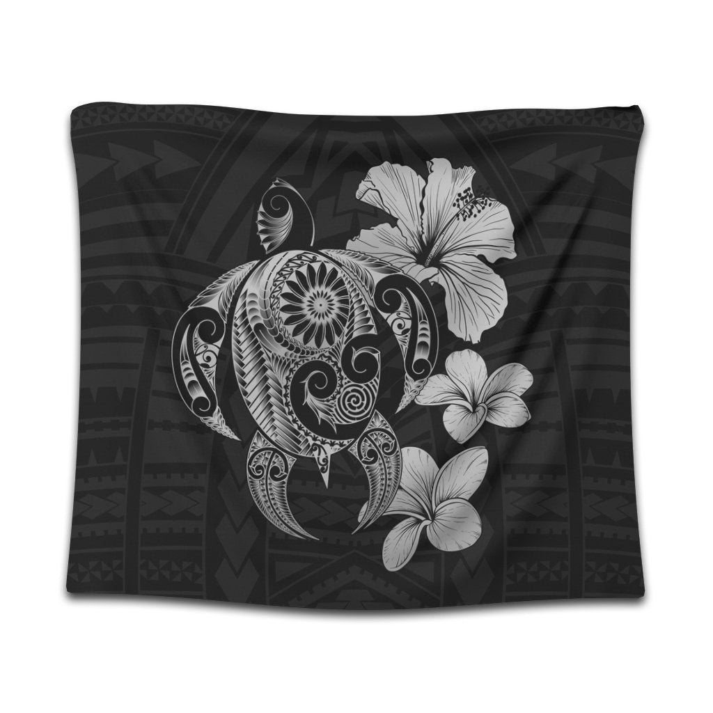 Hibiscus Plumeria Mix Polynesian Turtle Tapestry Gray - AH Wall Tapestry Black - Polynesian Pride