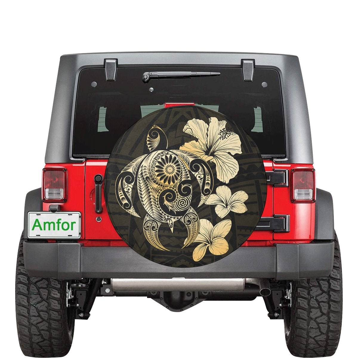 Hibiscus Plumeria Mix Polynesian Turtle Spare Tire Cover AH Black - Polynesian Pride