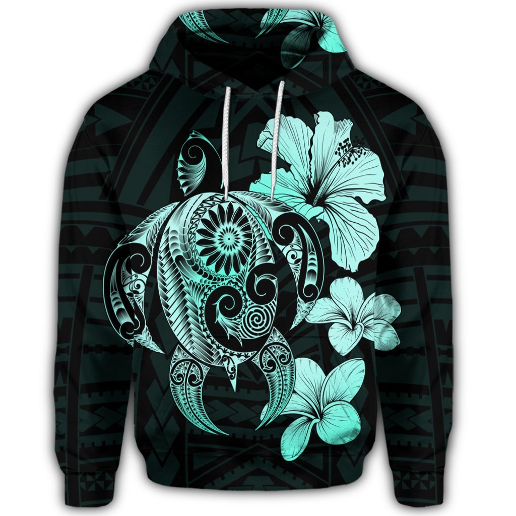 Hibiscus Plumeria Mix Polynesian Turtle Hoodie Turquoise - Polynesian Pride