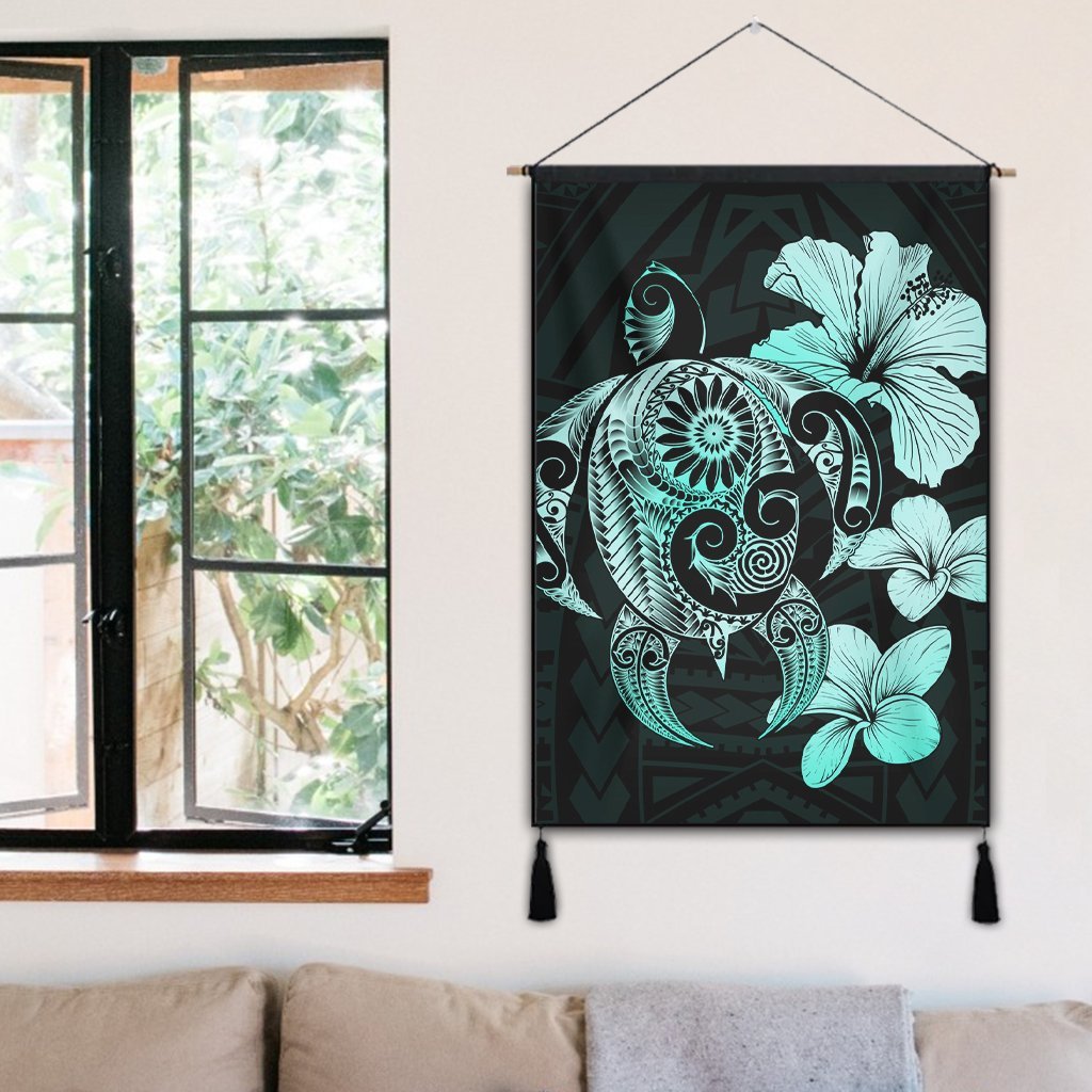 Hibiscus Plumeria Mix Polynesian Turtle Hanging Poster Turquoise - AH - Polynesian Pride