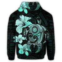 Hibiscus Plumeria Mix Polynesian Turtle Hoodie Turquoise - Polynesian Pride