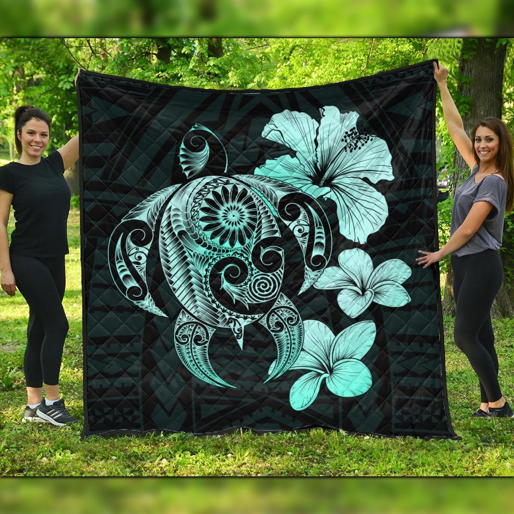 Hibiscus Plumeria Mix Polynesian Turtle Premium Quilts Turquoise - AH Black - Polynesian Pride