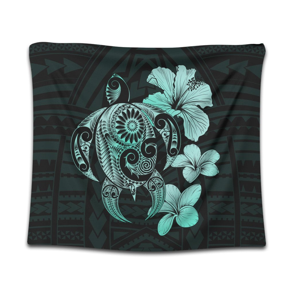 Hibiscus Plumeria Mix Polynesian Turtle Tapestry Turquoise - AH Wall Tapestry Black - Polynesian Pride