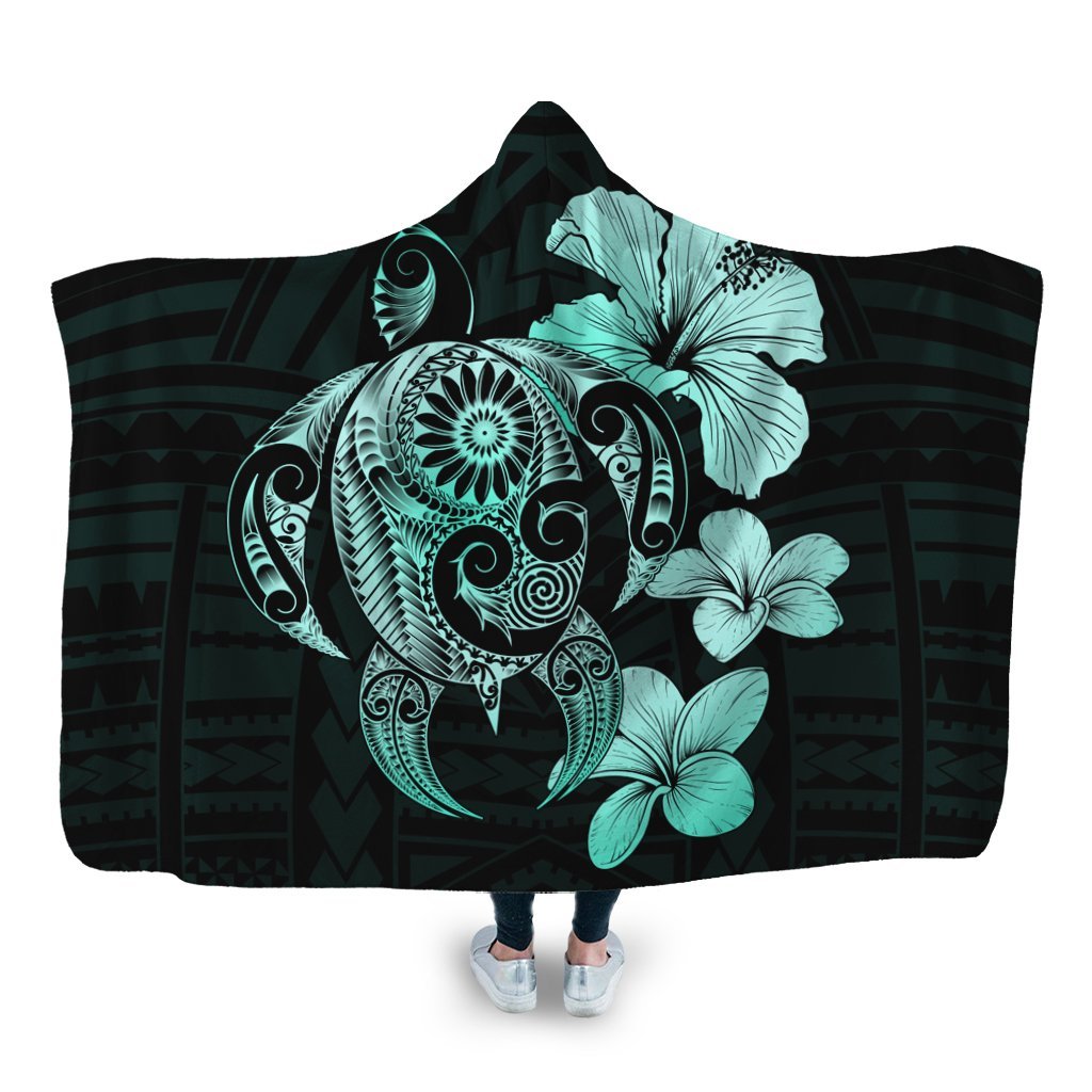 Hibiscus Plumeria Mix Polynesian Turtle Hooded Blanket Turquoise - AH Hooded Blanket White - Polynesian Pride