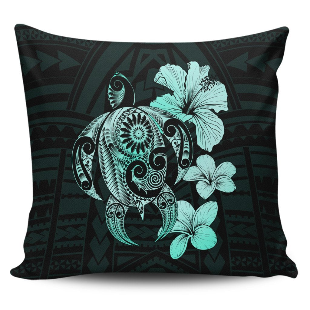 Hibiscus Plumeria Mix Polynesian Turtle Pillow Covers Turquoise - AH Pillow Covers Black - Polynesian Pride