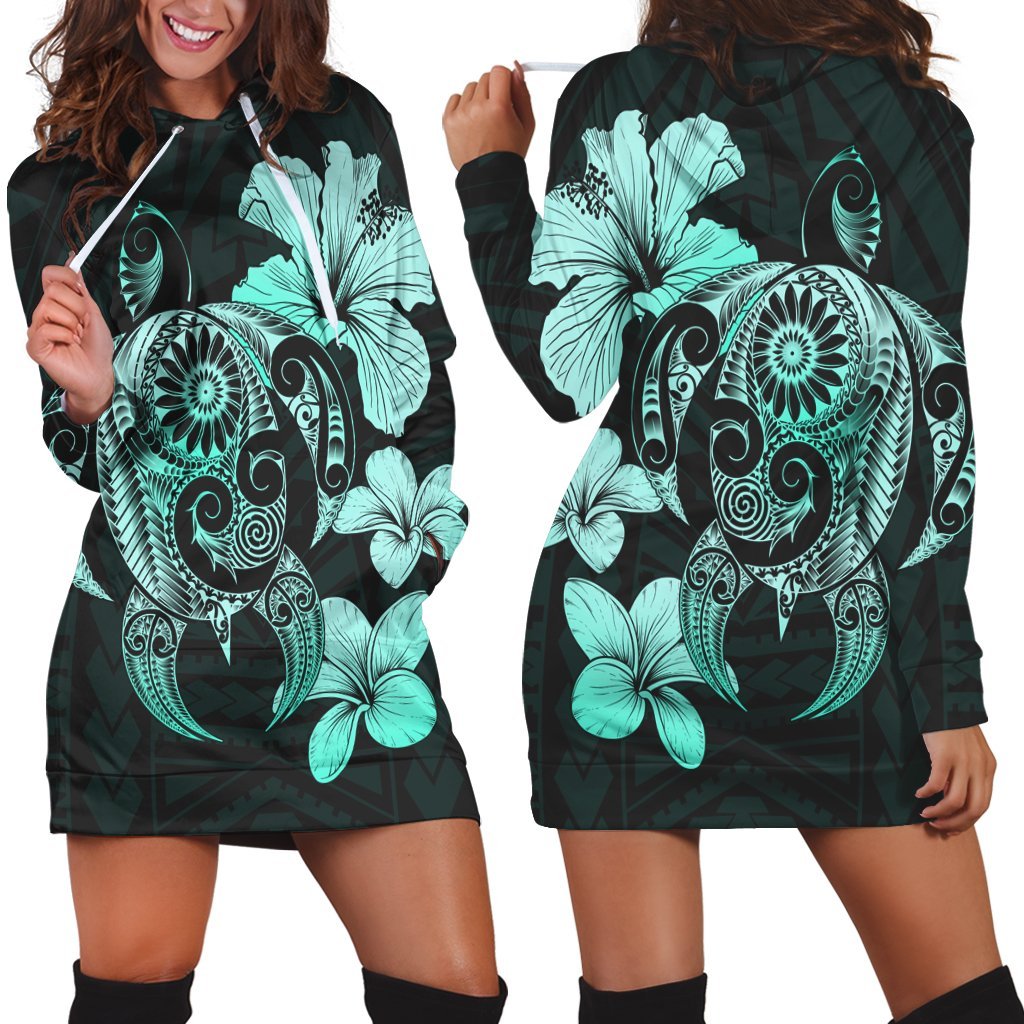 Hibiscus Plumeria Mix Polynesian Turtle Hoodie Dress Turquoise - AH Black - Polynesian Pride