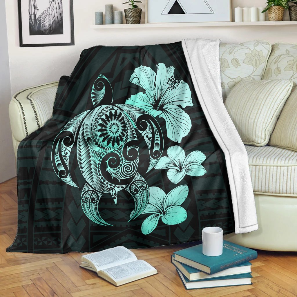 Hibiscus Plumeria Mix Polynesian Turtle Premium Blankets Turquoise - AH White - Polynesian Pride