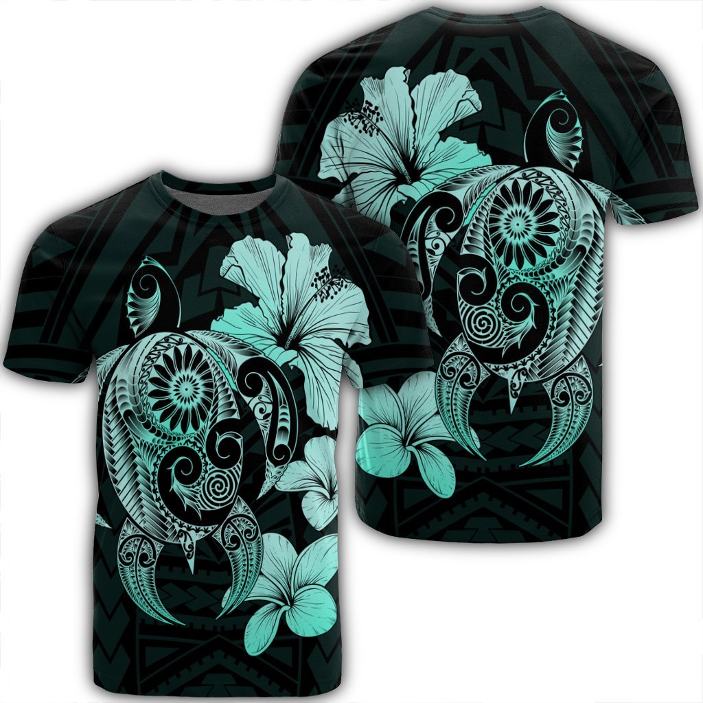 Hibiscus Plumeria Mix Polynesian Turtle T Shirt Turquoise AH Unisex Black - Polynesian Pride