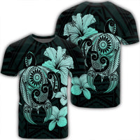Hibiscus Plumeria Mix Polynesian Turtle T Shirt Turquoise AH Unisex Black - Polynesian Pride
