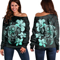 Hibiscus Plumeria Mix Polynesian Turtle Women's Off Shoulder Sweater Turquoise - AH Black - Polynesian Pride