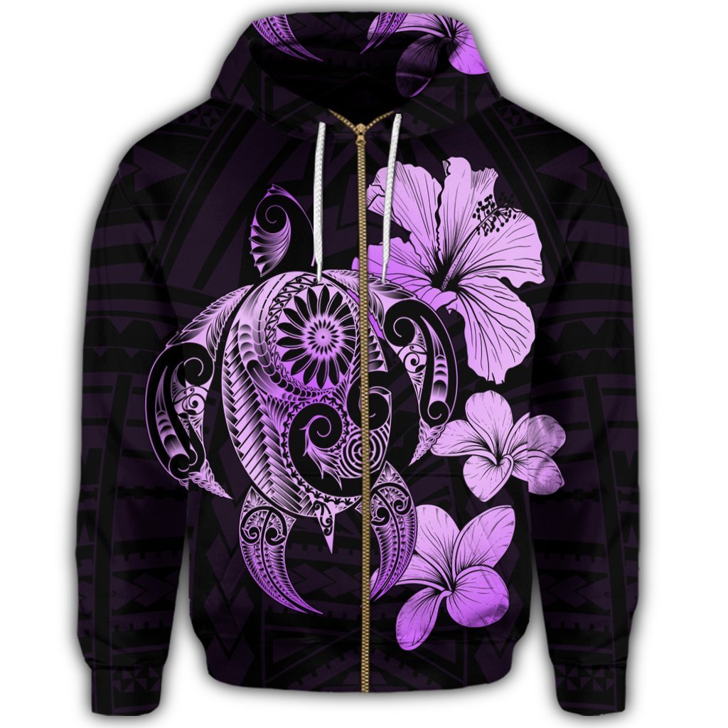 Hibiscus Plumeria Mix Polynesian Turtle Zip Hoodie Violet - Polynesian Pride