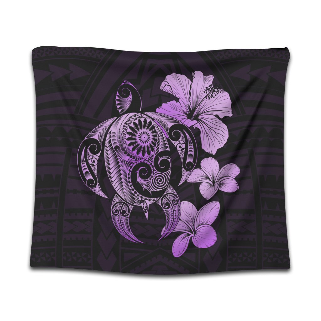 Hibiscus Plumeria Mix Polynesian Turtle Tapestry Violet - AH Wall Tapestry Black - Polynesian Pride