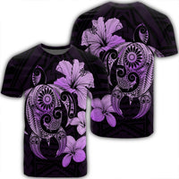 Hibiscus Plumeria Mix Polynesian Turtle T Shirt Violet AH Unisex Black - Polynesian Pride