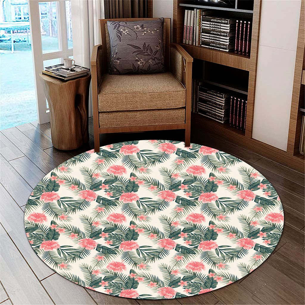 Hibiscus Plumeria Tropical Red Round Carpet - AH Round Carpet Luxurious Plush - Polynesian Pride