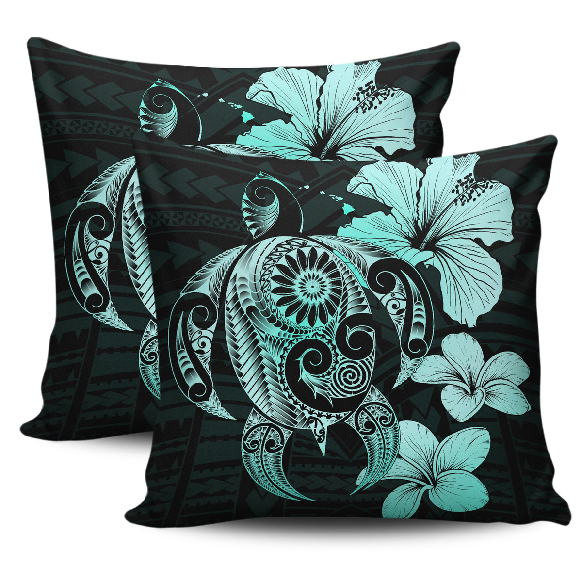 Polynesian Hibiscus Plumeria Turtle Pillow Covers Turquoise One Size 18"x 18" (Twin Sides) (Set of 2) Turquoise - Polynesian Pride