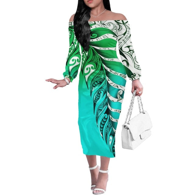Polynesian Pride New Zealand Silver Fern Off Shoulder Long Sleeve Dress Colorful Color Women Art - Polynesian Pride