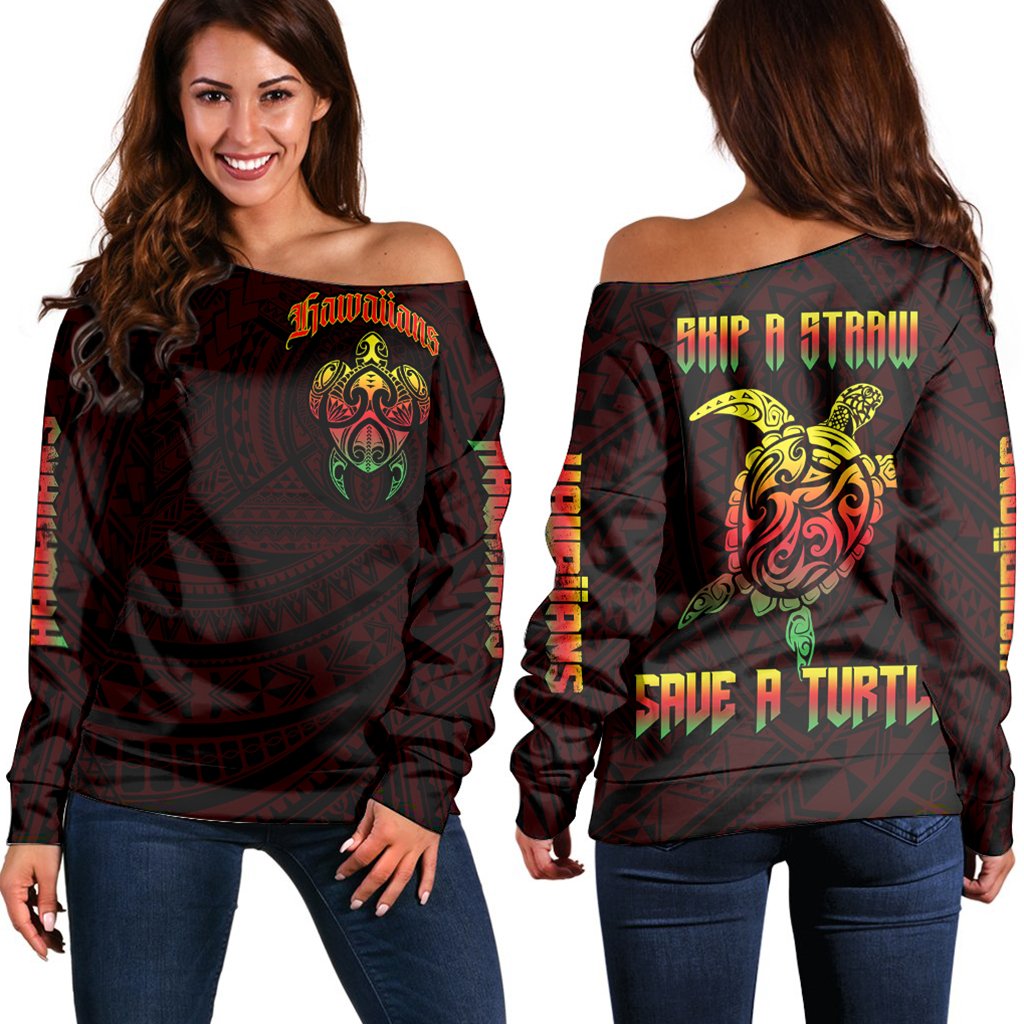 Hawaii Turtle Polynesian Women Off Shoulder Sweater - Cool - AH Black - Polynesian Pride