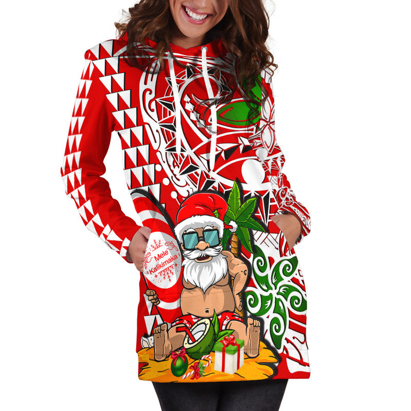 Hawaii Mele Kalikimaka Santa Claus Beach Hoodie Dress LT6 Red - Polynesian Pride