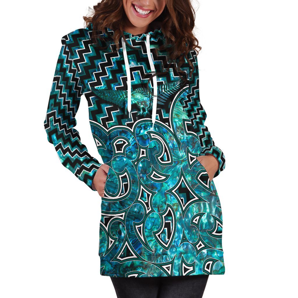 New Zealand Hoodie Dress Maori Graphic Tee patterns Paua Shell LT6 Green - Polynesian Pride