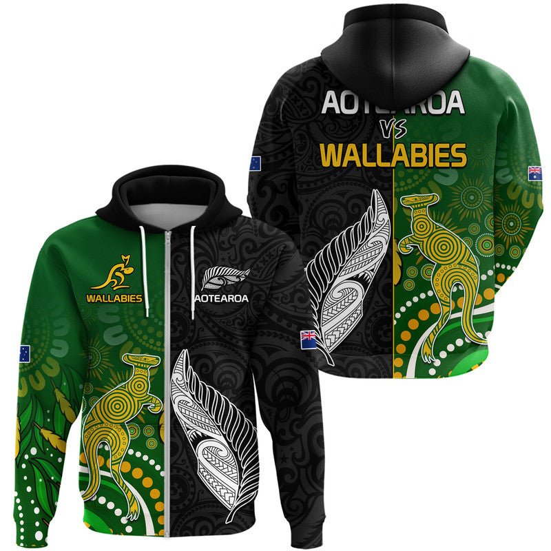 Aotearoa Rugby All Black Combine Australia Wallabies Hoodie Aboriginal Kangaroo and Maori Fern LT9 - Polynesian Pride