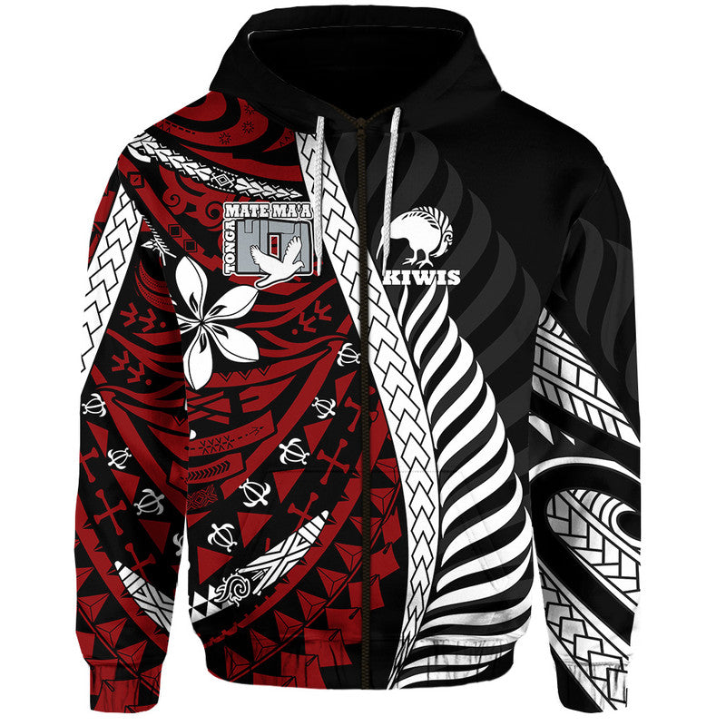 Mate Maa Tonga Mixed Aotearoa Kiwis Rugby Hoodie Silver Fern Mixed Polynesian Style LT9 Zip Hoodie Black - Polynesian Pride
