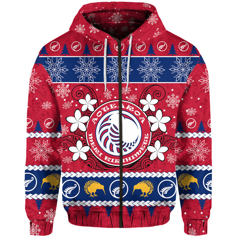 Custom New Zealand Aotearoa Meri Kirihimete Hoodie Maori Kiwi Christmas LT9 Zip Hoodie Red - Polynesian Pride