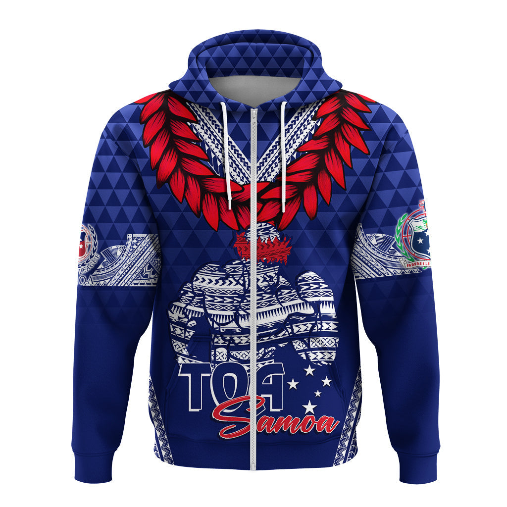 Custom Toa Samoa Hoodie Ulafala Style Samoa Warriors LT7 Zip Hoodie Blue - Polynesian Pride