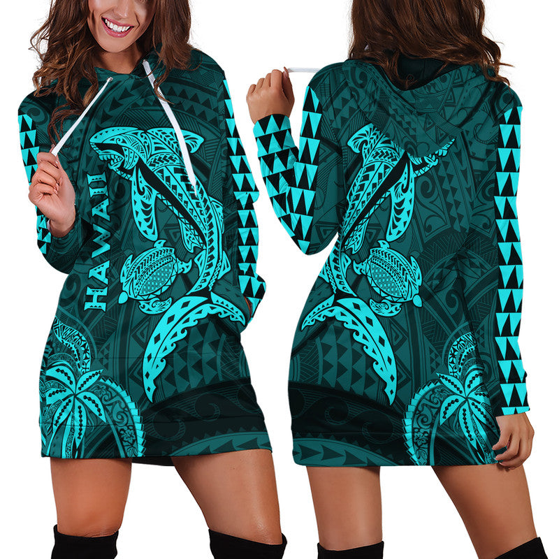 Hawaii Hoodie Dress Shark and Turtle Mix Kakau Turquoise LT9 Turquoise - Polynesian Pride