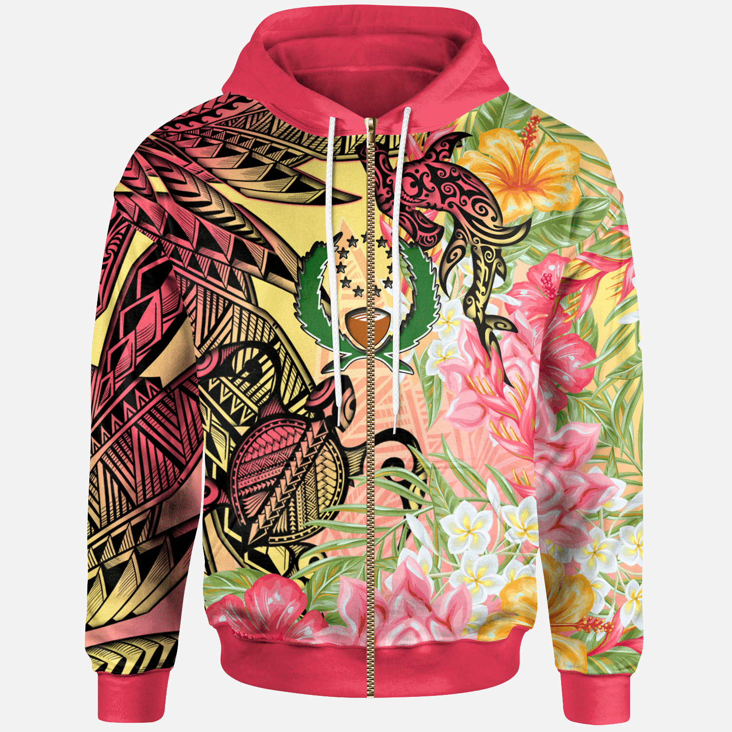 Pohnpei State Zip Hoodie Flowers Tropical With Sea Animals Unisex Pink - Polynesian Pride