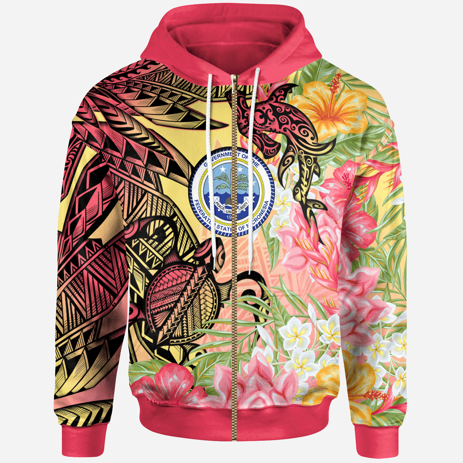 Federated States of Micronesia Zip Hoodie Flowers Tropical With Sea Animals Unisex Pink - Polynesian Pride